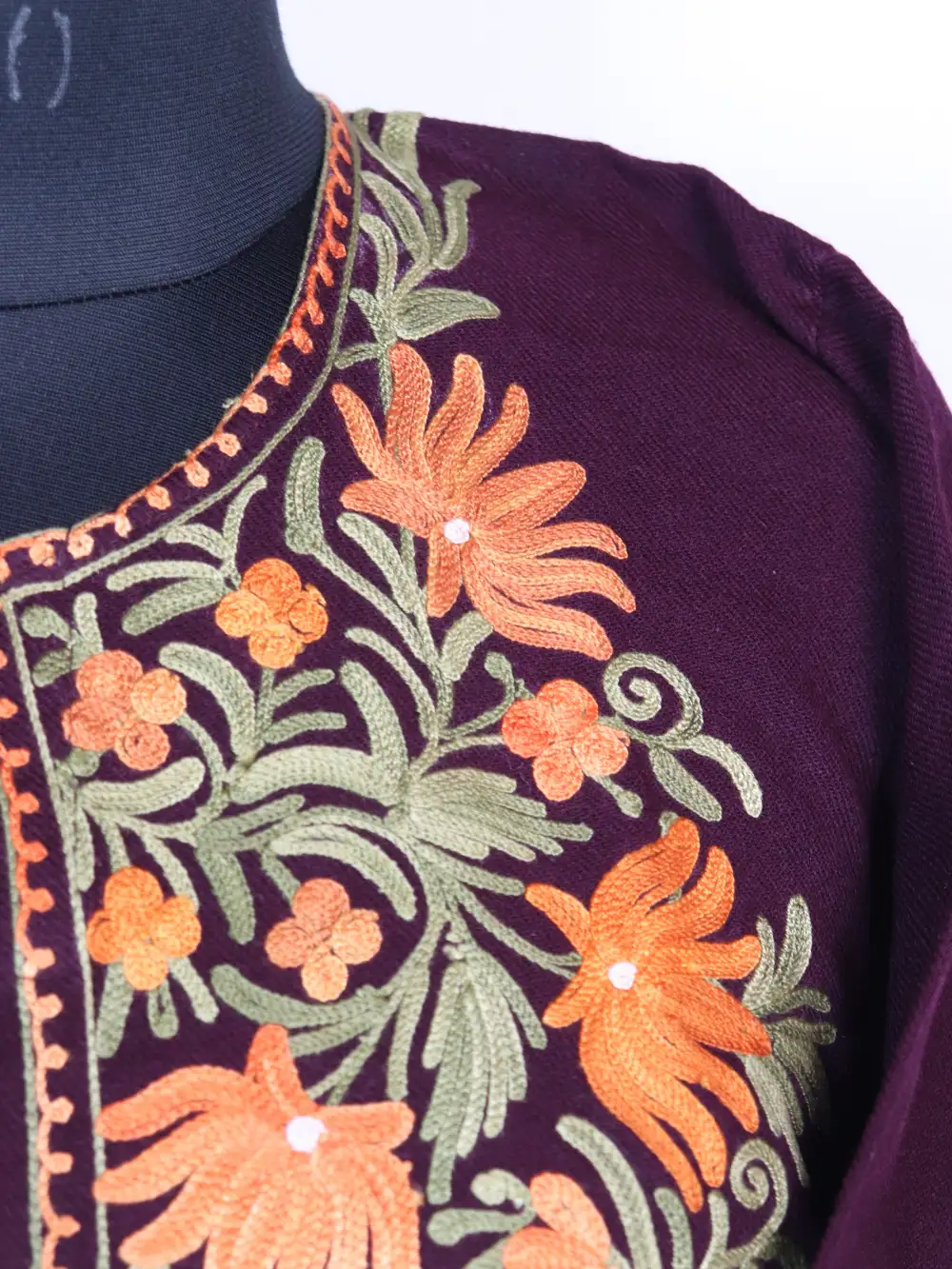 Zaira Cashmilon Wool Wine Pheran with Aari Sleeve Point Work - Image 3