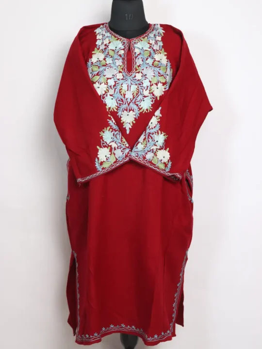 Cashmilon Wool Red Pheran Aminah with Aari Sleeve Point Work