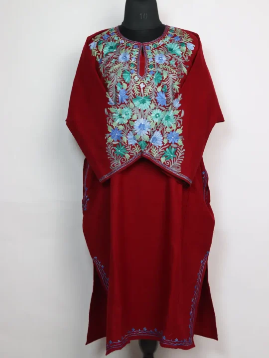 Red Pheran Cashmilon Wool Duha with Aari Sleeve Point Embroidery