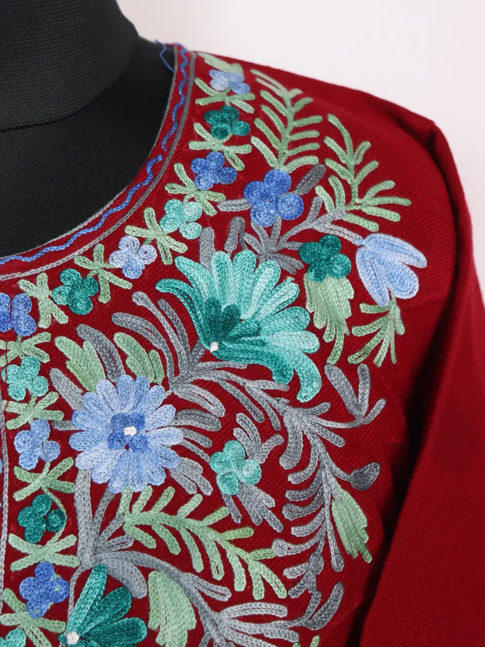 Red Pheran Cashmilon Wool Duha with Aari Sleeve Point Embroidery - Image 3