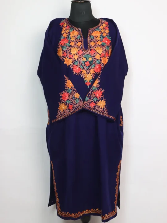 Navy Blue Cashmilon Wool Pheran Huza with Aari Sleeve Point Work