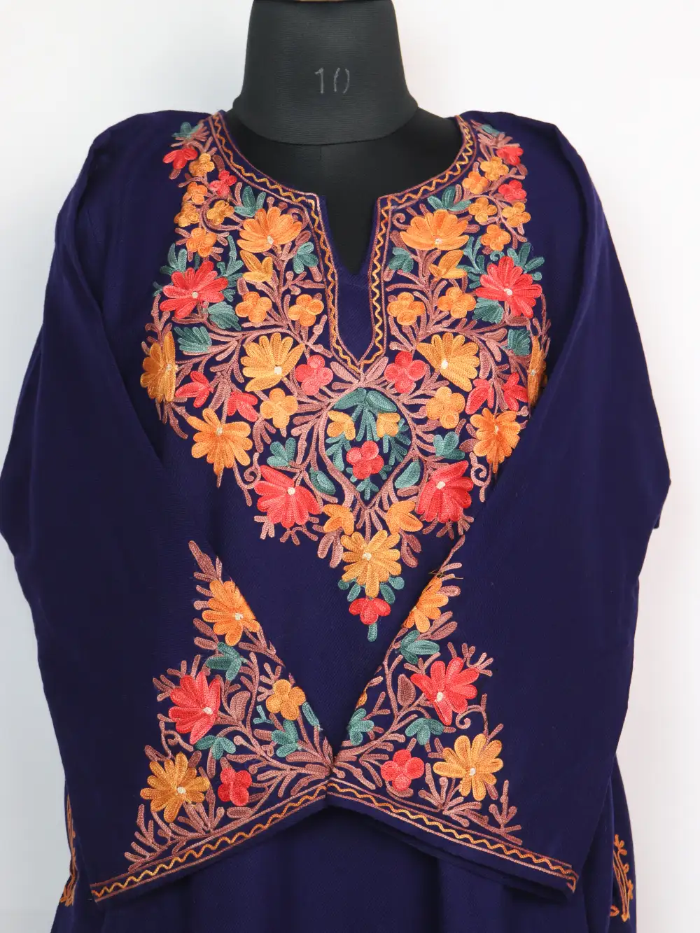 Navy Blue Cashmilon Wool Pheran Huza with Aari Sleeve Point Work - Image 2