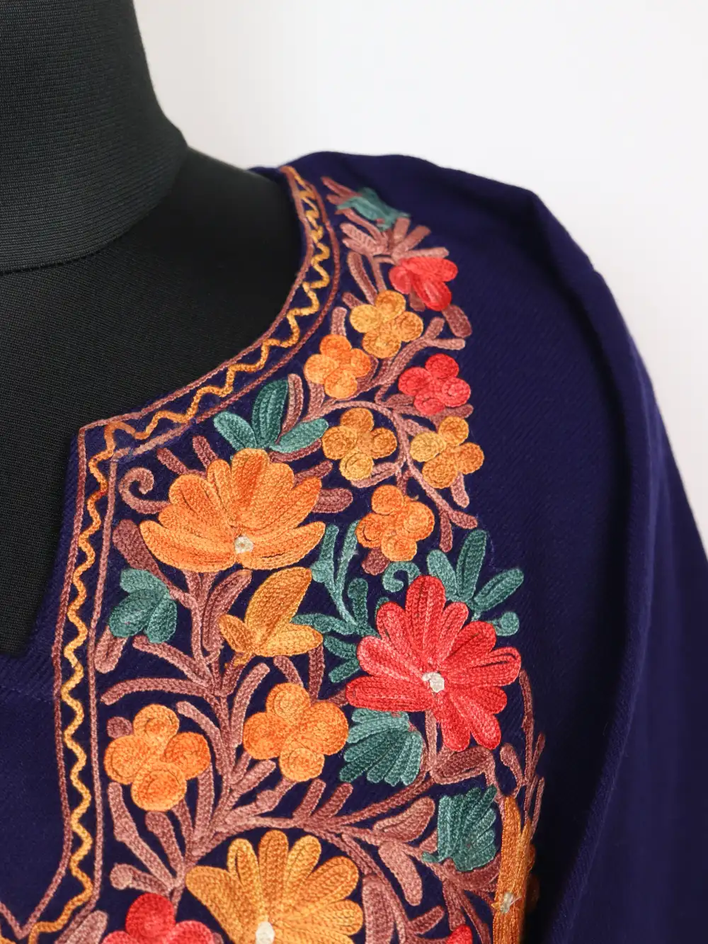 Navy Blue Cashmilon Wool Pheran Huza with Aari Sleeve Point Work - Image 3