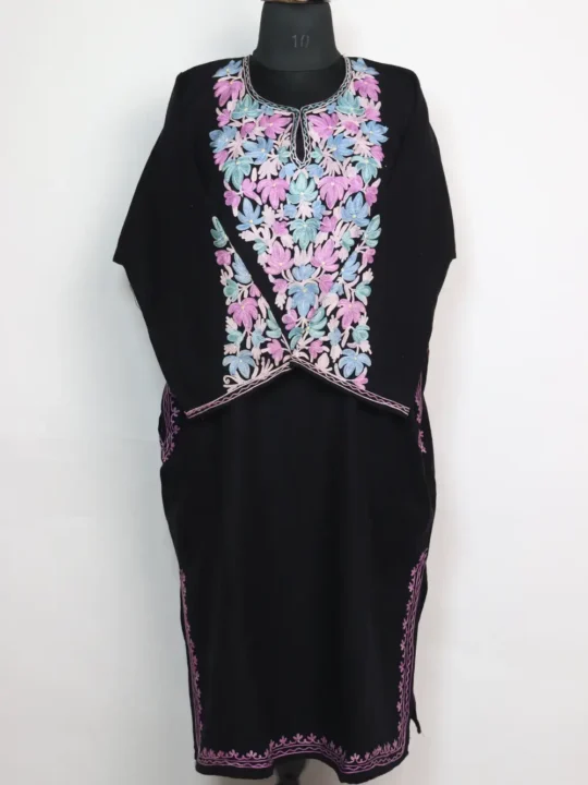 Cashmilon Wool Black Pheran Zuha with Aari Sleeve Point Embroidery