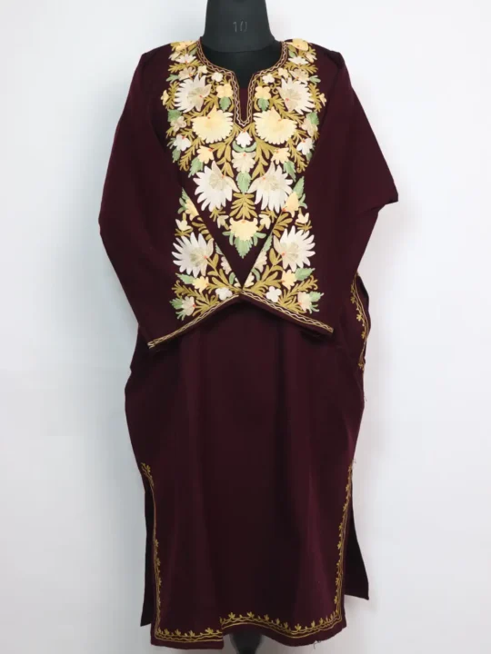Wine Pheran Farah Cashmilon Wool with Aari Sleeve Point Work