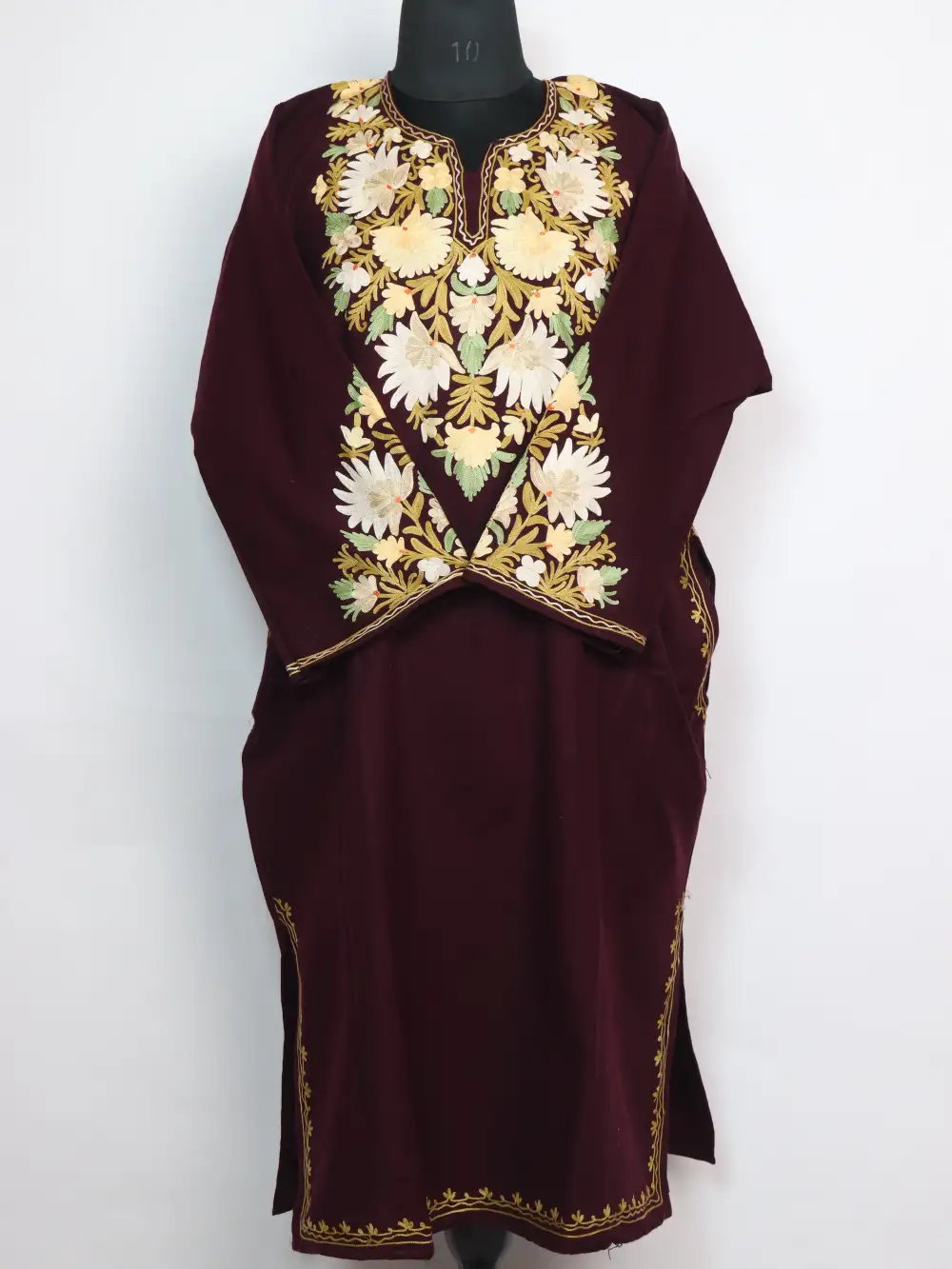 Wine Pheran Farah Cashmilon Wool with Aari Sleeve Point Work