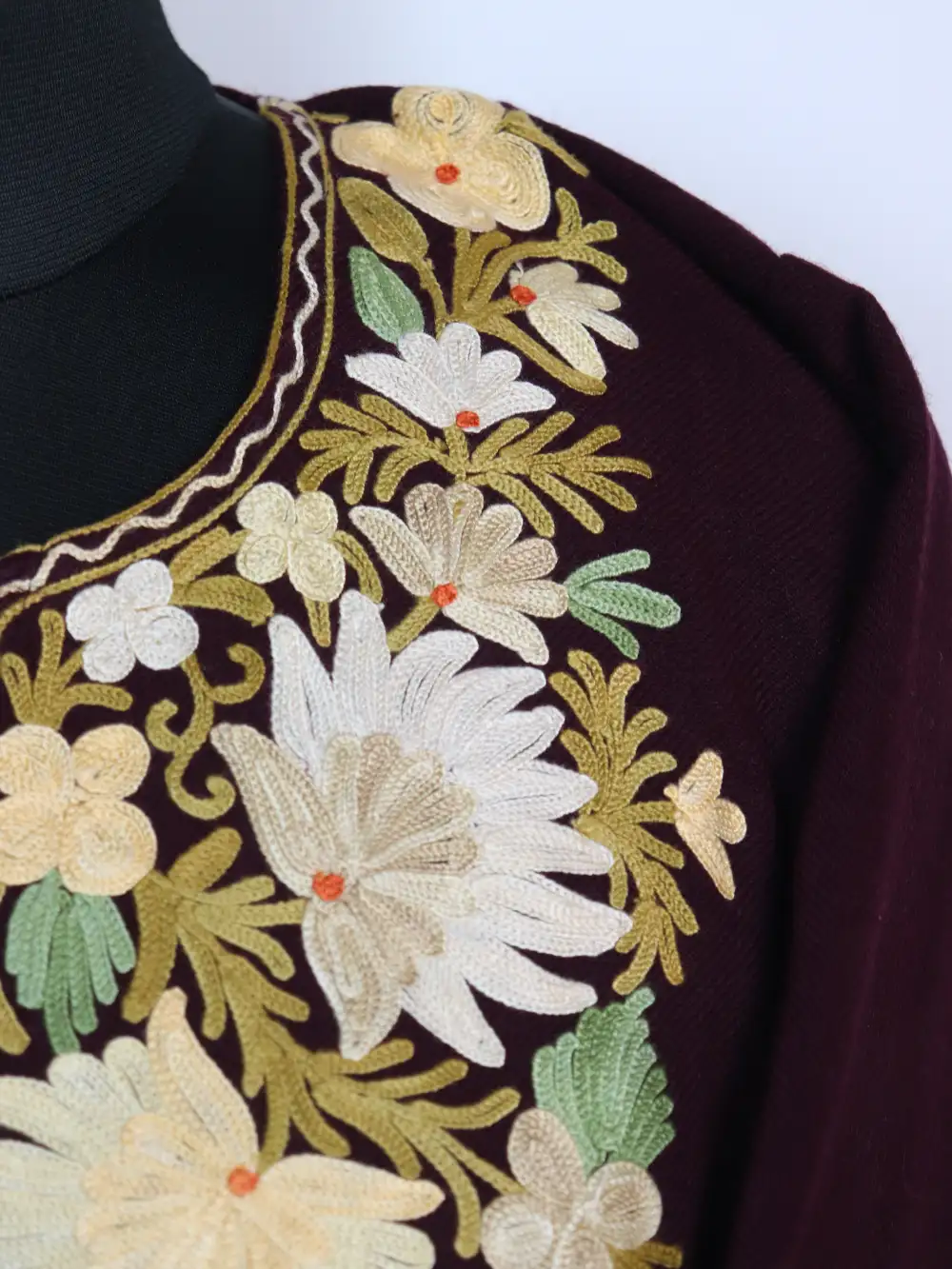 Wine Pheran Farah Cashmilon Wool with Aari Sleeve Point Work - Image 3