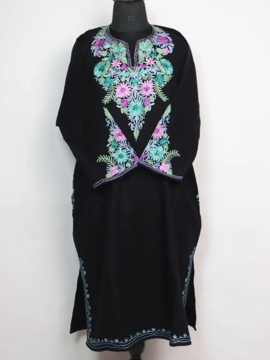 Saiba Cashmilon Black Wool Pheran with Aari Sleeve Point Embroidery