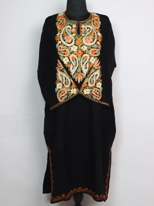 Qurat Black Cashmilon Wool Pheran with Aari Sleeve Point Embroidery