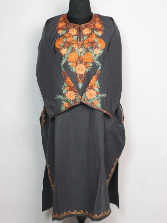 Dark Grey Cashmilon Pheran Sania Black Wool with Aari Sleeve Point Work