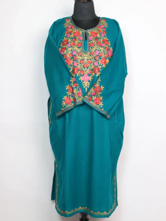 Cashmilon Oceanic Green Wool Pheran with Aari Sleeve Point Work Haya