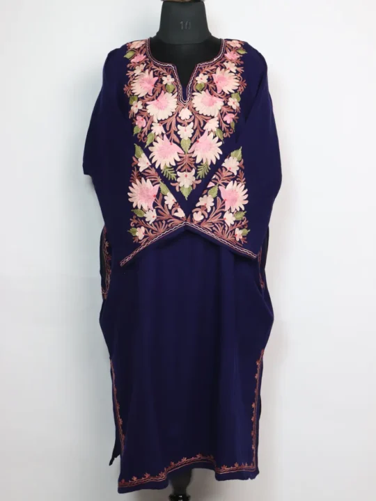 Haya Blue Cashmilon Wool Pheran with Aari Sleeve Point Embroidery