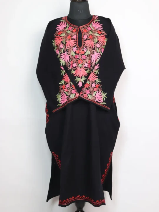 Cashmilon Wool Pheran Black with Aari Sleeve Point Work Nidah