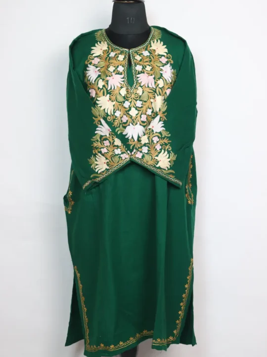 Dark green Cashmilon Wool Pheran with Aari Sleeve Point Work Janat