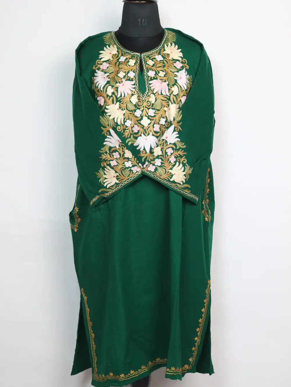 Dark green Cashmilon Wool Pheran with Aari Sleeve Point Work Janat