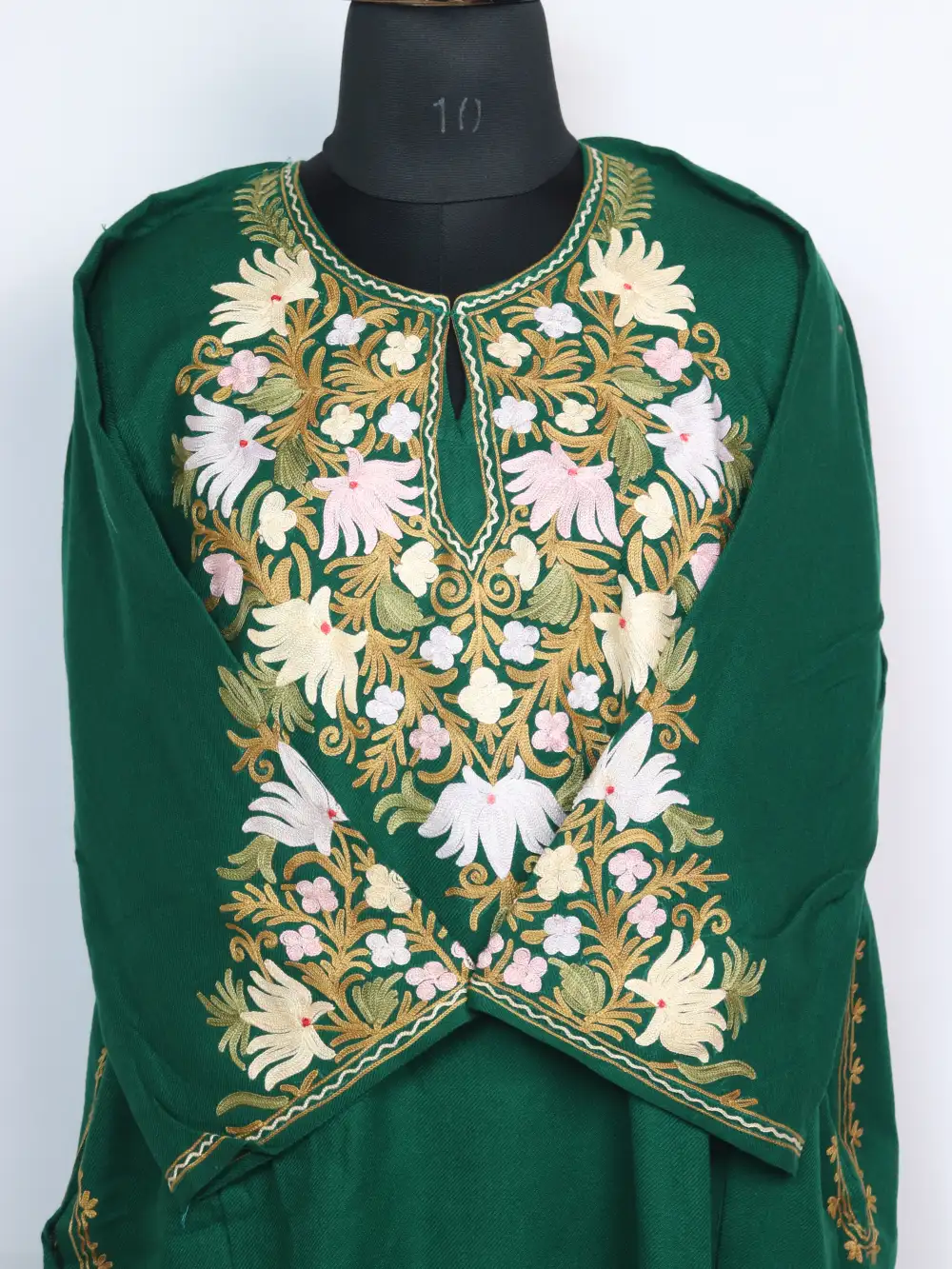 Dark green Cashmilon Wool Pheran with Aari Sleeve Point Work Janat - Image 2