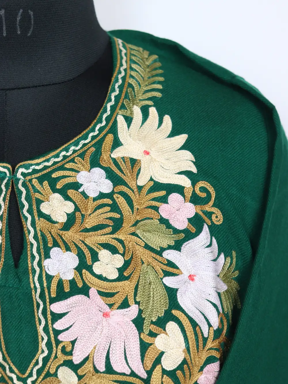 Dark green Cashmilon Wool Pheran with Aari Sleeve Point Work Janat - Image 3