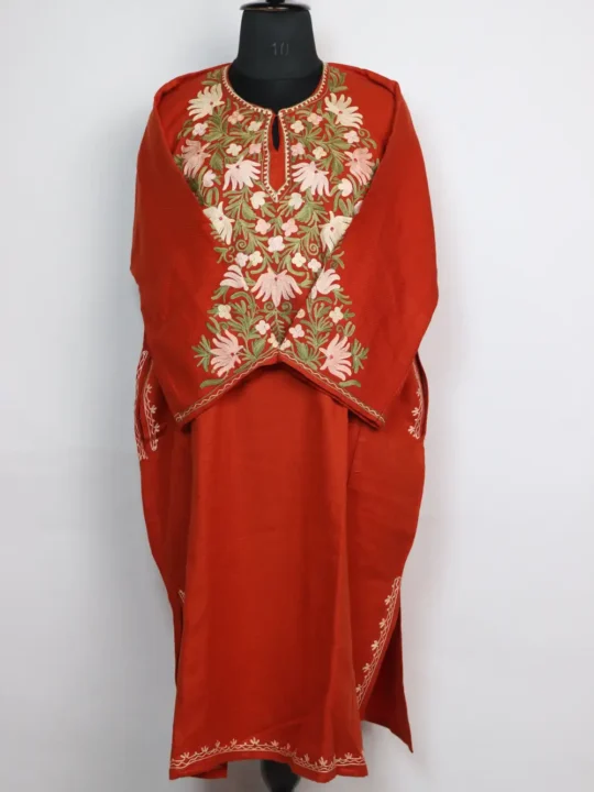 Hania Cashmilon Wool Pheran Rustic Orange with Aari Sleeve Point Work