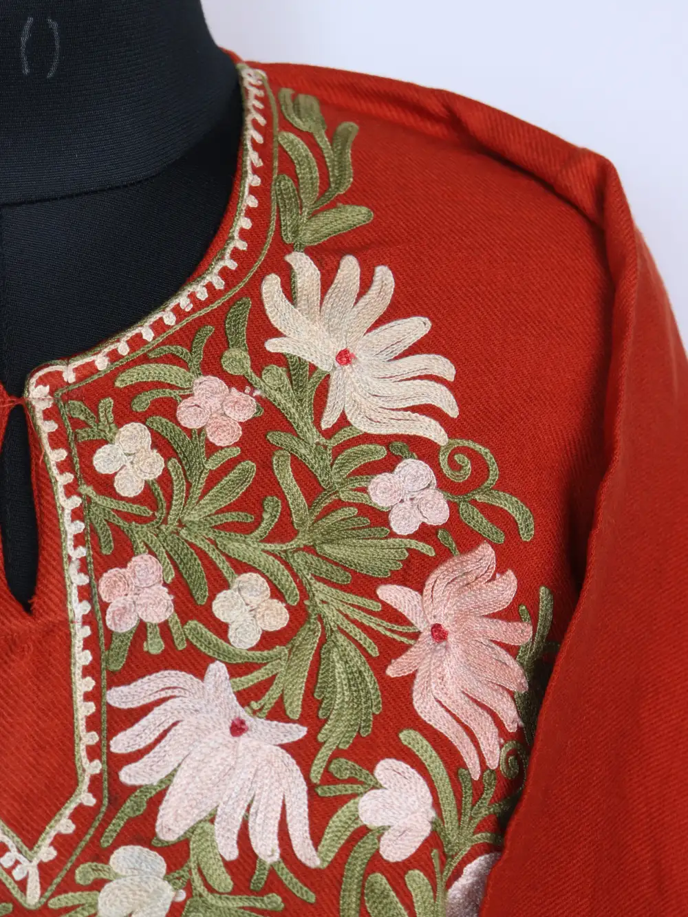 Hania Cashmilon Wool Pheran Rustic Orange with Aari Sleeve Point Work - Image 3