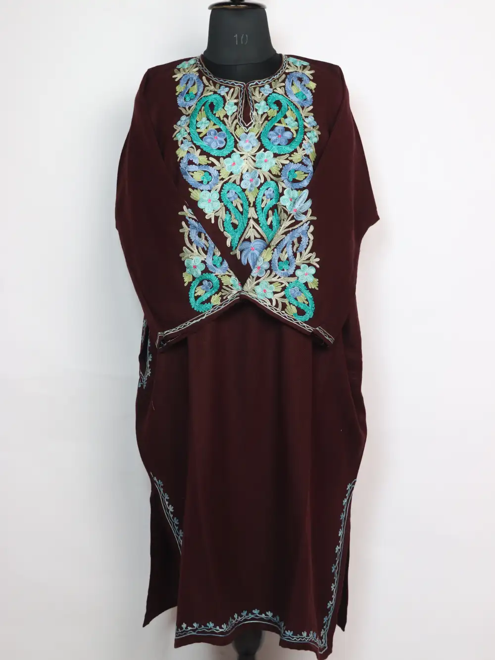 Wine Cashmilon Wool Pheran with Aari Sleeve Point Work Nihayat