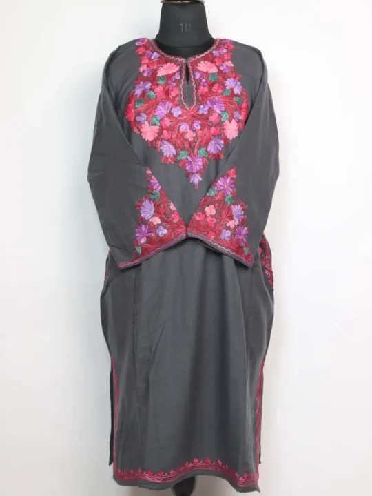 Grey Cashmilon Wool Pheran Taha with Aari Sleeve Point Work