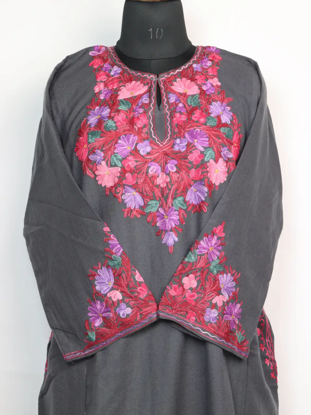 Grey Cashmilon Wool Pheran Taha with Aari Sleeve Point Work - Image 2