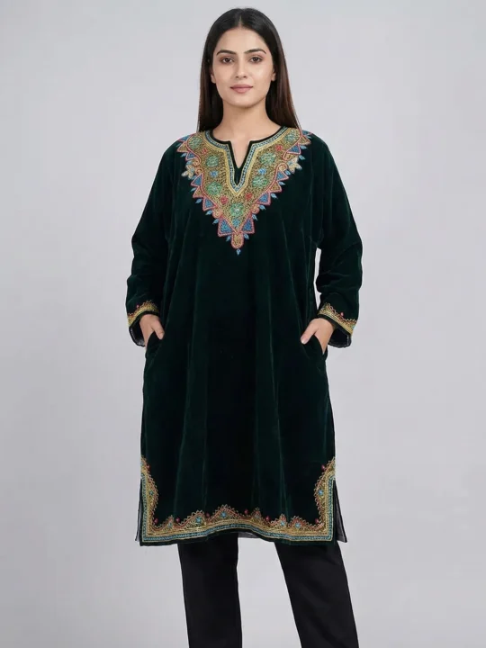 Shifat Kashmiri Velvet Dark Sea Green Loose Pheran with Dabka Embroidery