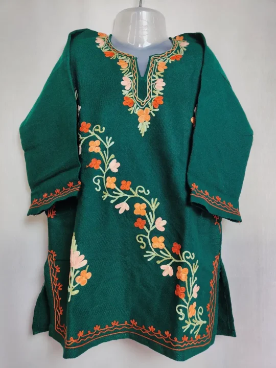 Cashmilon Wool Girls Green Pheran with Aari Work (5-6years)