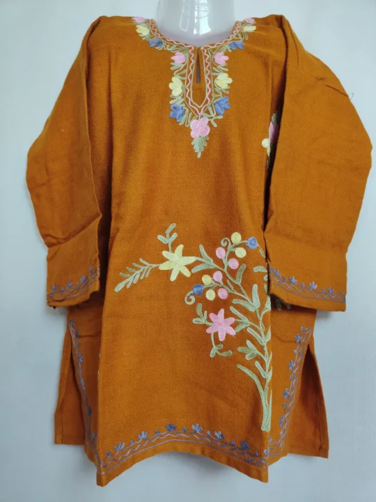 Noor Cashmilon Wool Girls Mustard Pheran with Aari Work (5-6years)