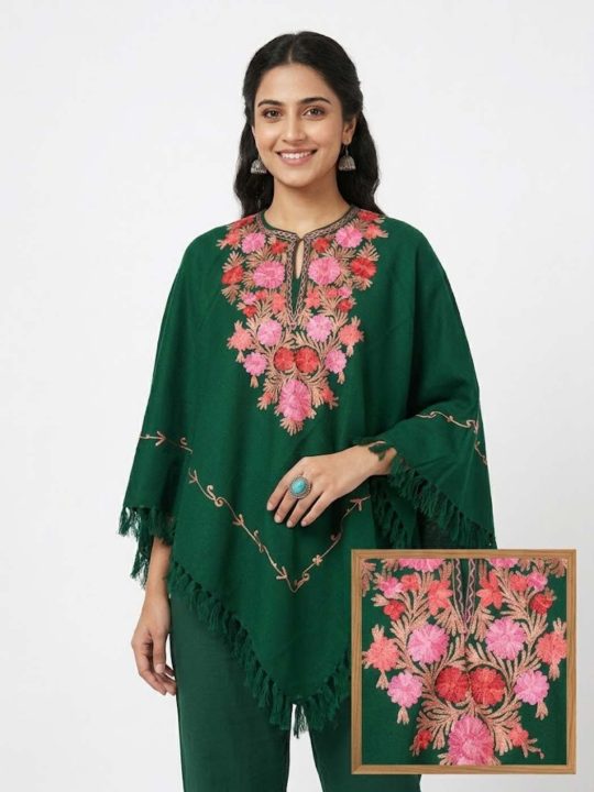 Dark Green Poncho in Cashmilon Wool With Aari Embroidery Meraki