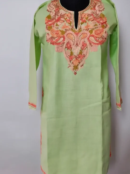 Long Green Cotton Kurti with Elegant Aari Embroidery Hina