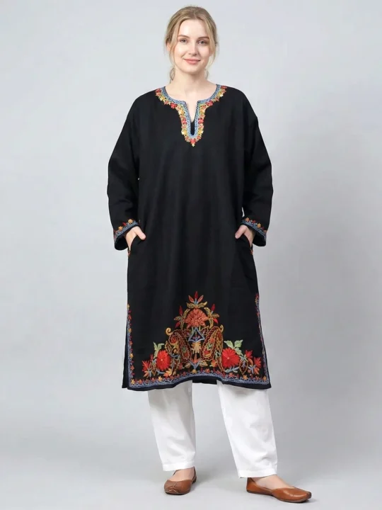 Black Raffal Pheran Featuring Big Damaan and Intricate Hand Aari Work - Kohinoor Collection