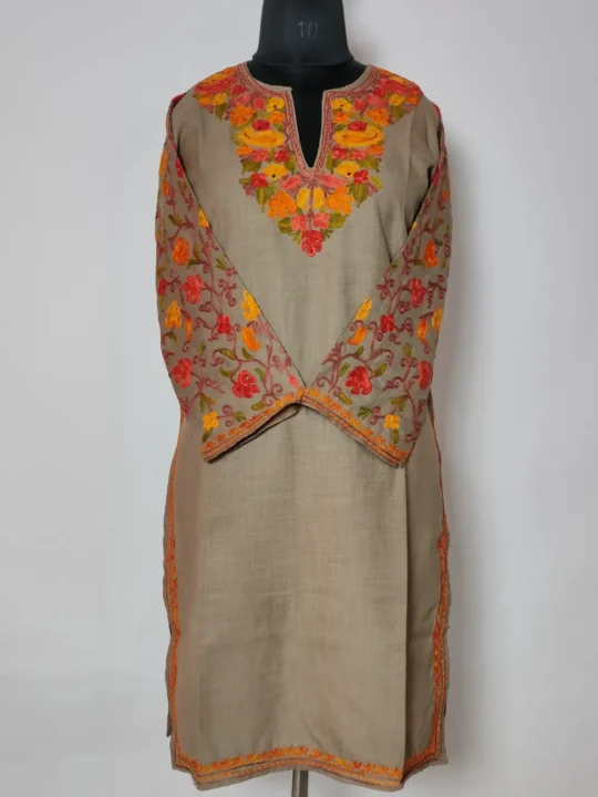 Cotton Beige Long Kurti with Aari Sleeve Work Zysha
