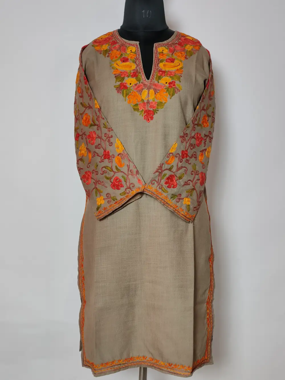 Cotton Beige Long Kurti with Aari Sleeve Work Zysha