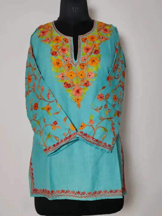 Aari Sleeve Work Short Kurti Sky Blue Wafa in Cotton