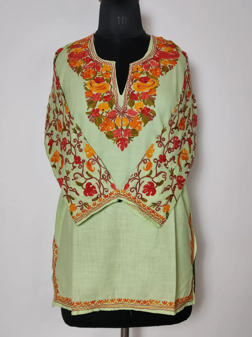 Cotton Pastel Green Short Kurti Anha With Aari Sleeve Embroidery