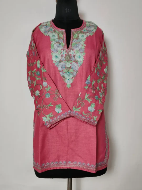 Pink Cotton Short Kurti With Aari Sleeve Work Nihayat