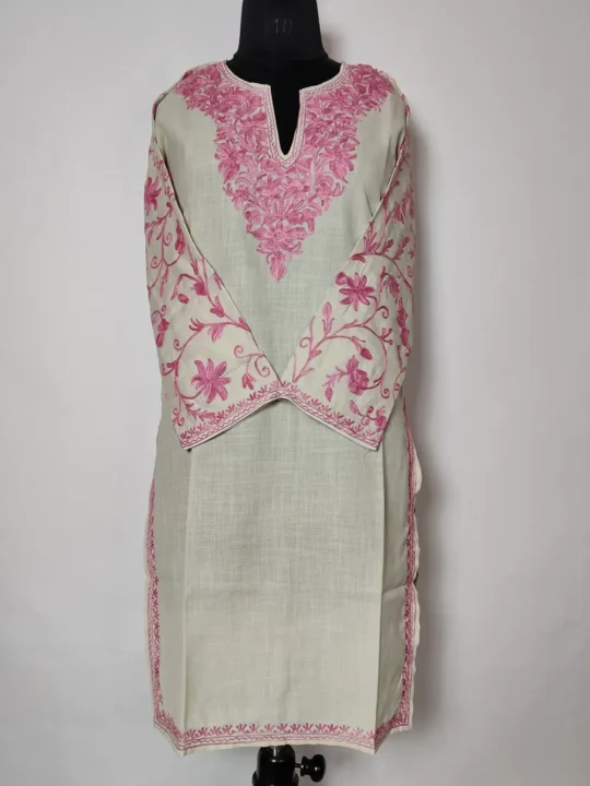 White Long Cotton Kurti With Aari Sleeve Work Wasiya
