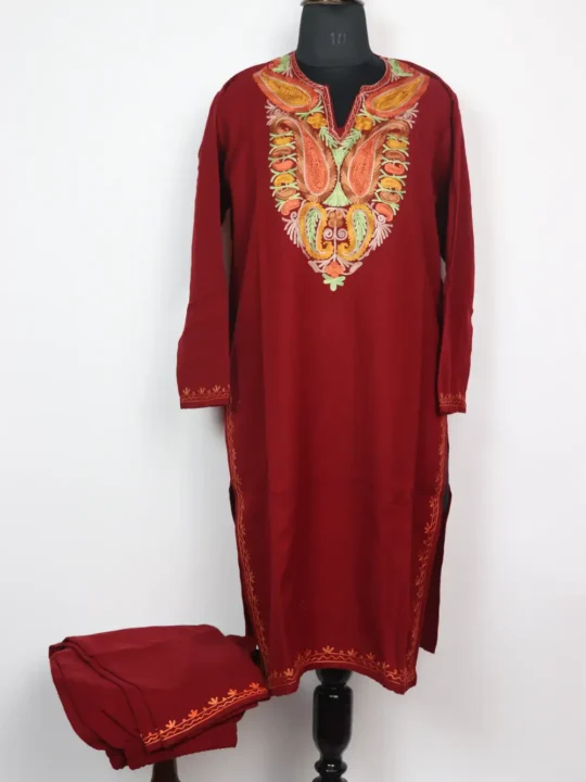 Long Maroon Kurti Set in Cashmilon Wool with Aari Embroidery Nayab