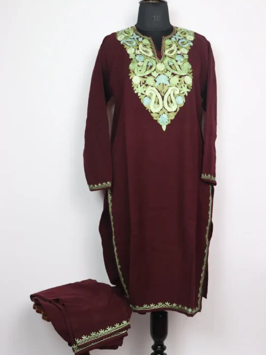 Long Samrah Wine Kurti Set in Cashmilon Wool with Aari Embroidery