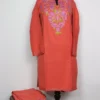 Rafia Long Cashmilon Wool Kurti Set in Pink with Aari Embroidery