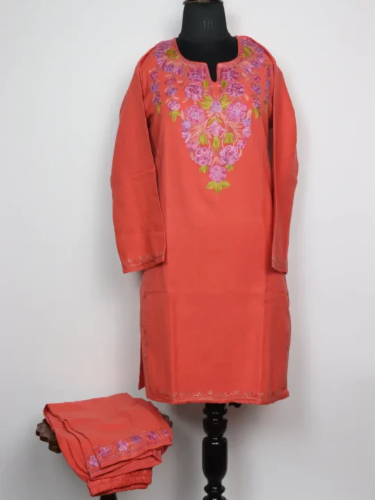 Rafia Long Cashmilon Wool Kurti Set in Pink with Aari Embroidery