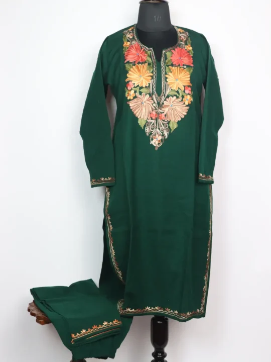 Dark Green Cashmilon Wool Long Kurti Set with Aari Embroidery Yusra