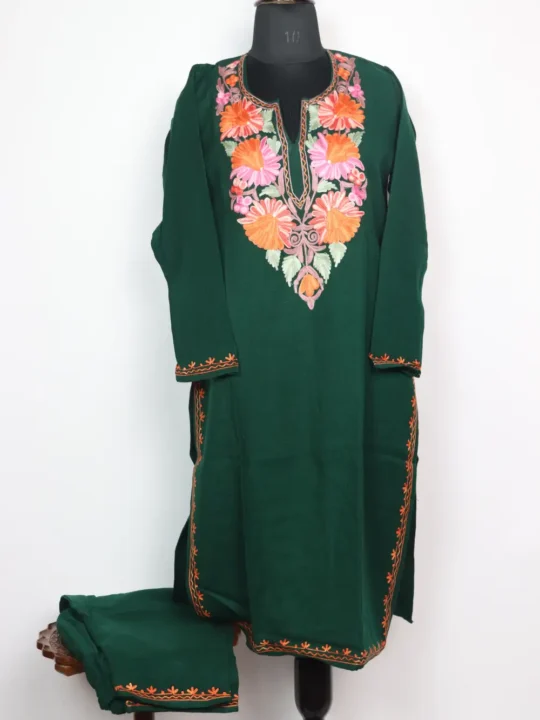 Fariha Dark Green Cashmilon Wool Long Kurti Set with Aari Embroidery