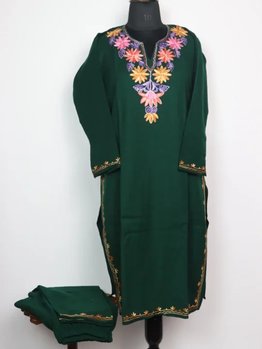 Dark Green Rimah Cashmilon Wool Long Kurti Set with Aari Embroidery