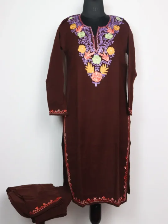 Dark Brown Cashmilon Wool Long Kurti Set with Saba Aari Embroidery