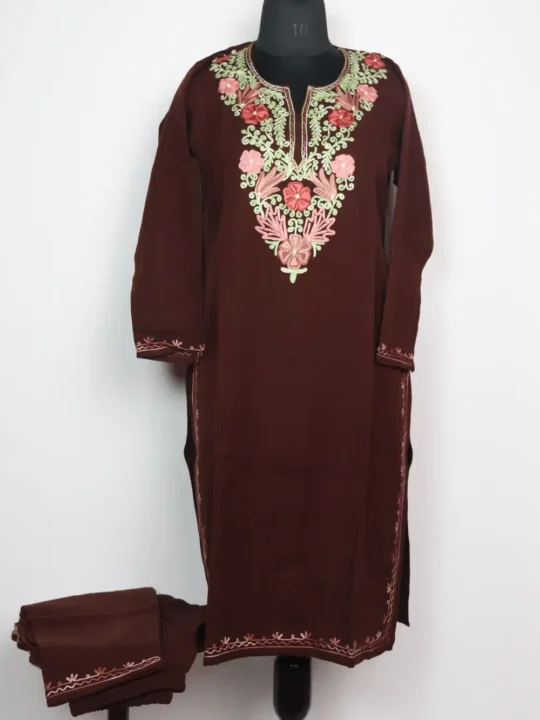 Anisah Dark Brown Cashmilon Wool Long Kurti Set with Aari Embroidery