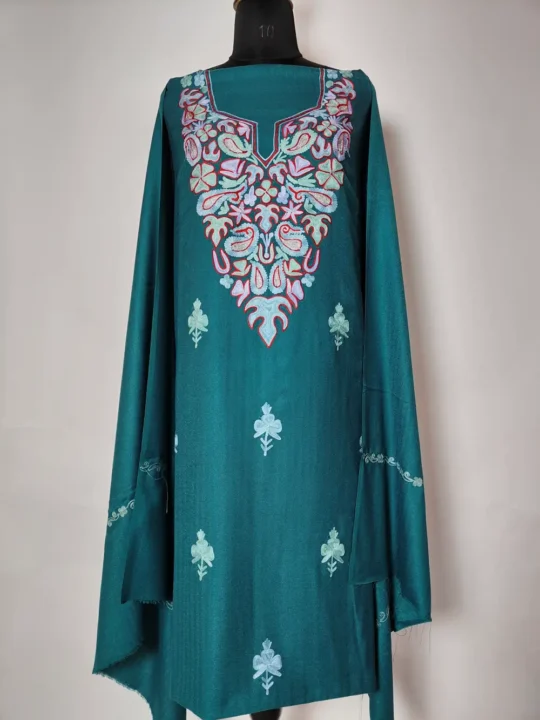 Aari Work 3pc Cyan Green Unstitched Suit in Wool for Winter