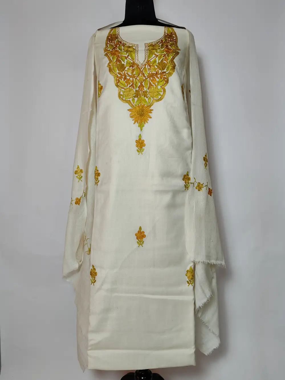 White Samreen Polywool 2pc Unstitched Suit Fabric with Aari Embroidery