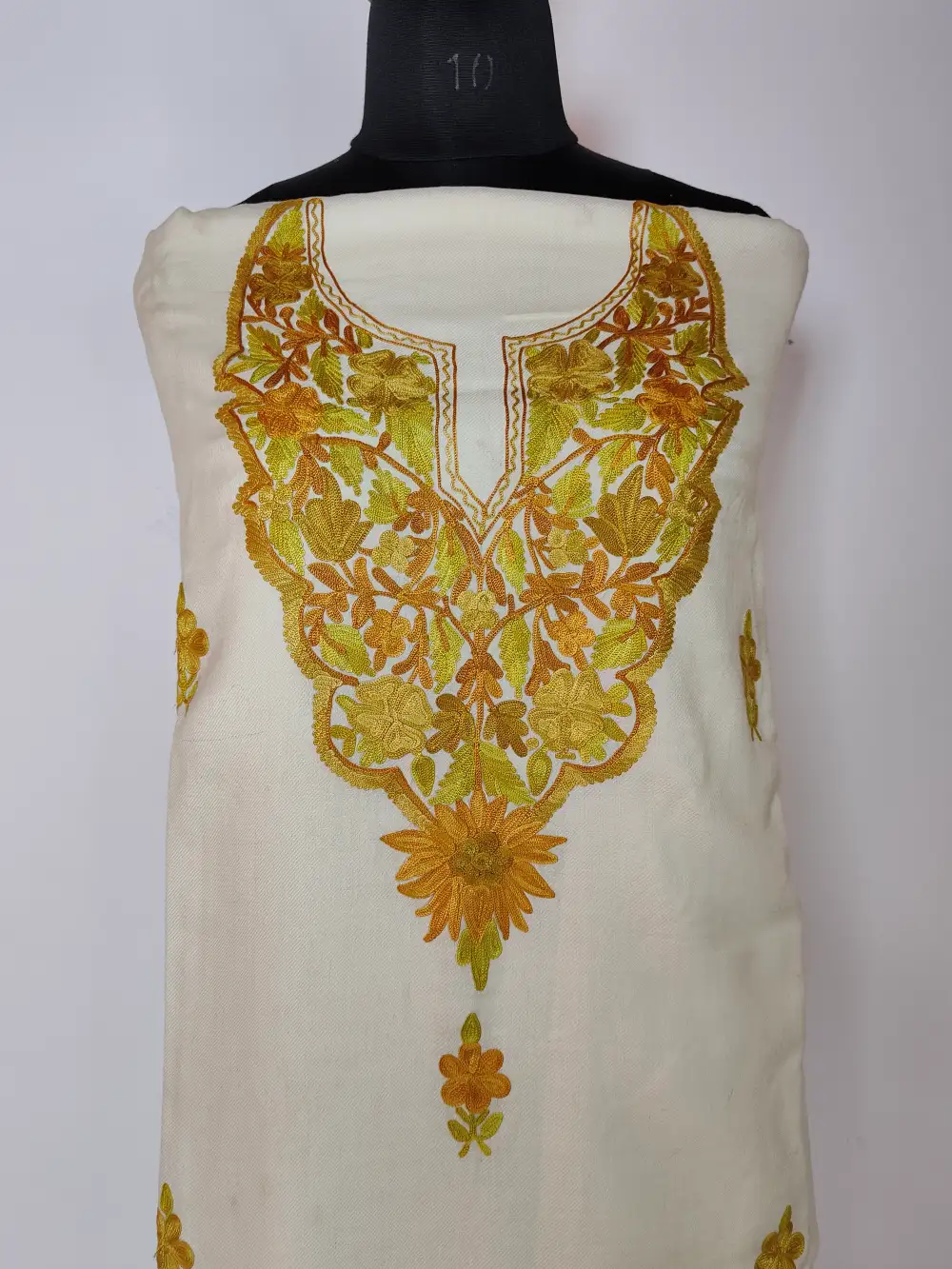 White Samreen Polywool 3pc Unstitched Suit Fabric with Aari Embroidery - Image 2